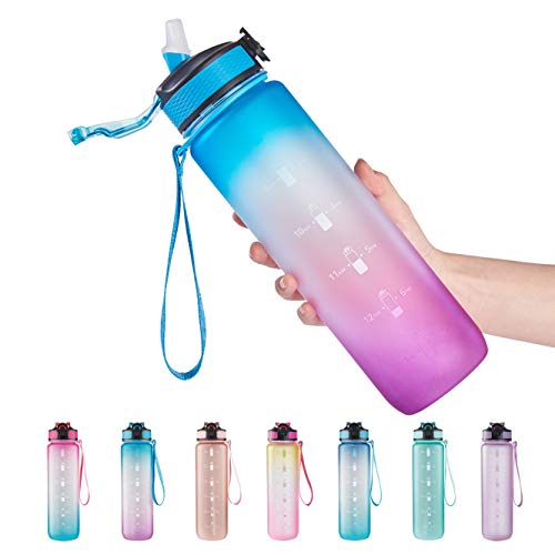 EYQ 32 oz Water Bottle with Time Marker, Carry Strap, Leak-Proof Tritan BPA-Free, Ensure You Drink Enough Water for Fitness, Gym, Camping, Outdoor Sports - 02-Blue/Purple Gradient