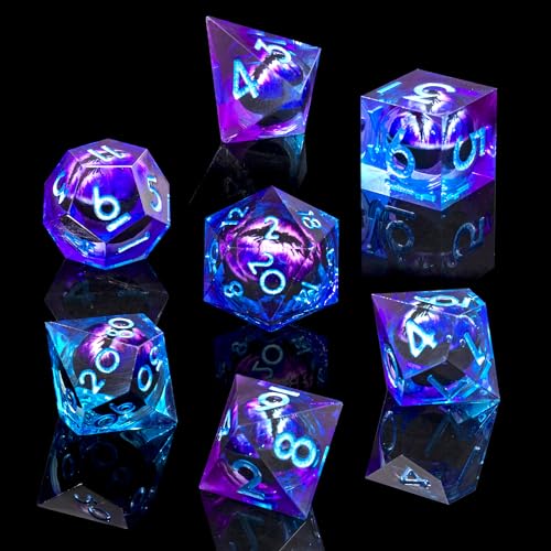 Role Dice Beholder's Dragon Eye DND Dice Set, Liquid Core Sharp Edged Resin Dice, Gradient-blue Purple Dargon Eye