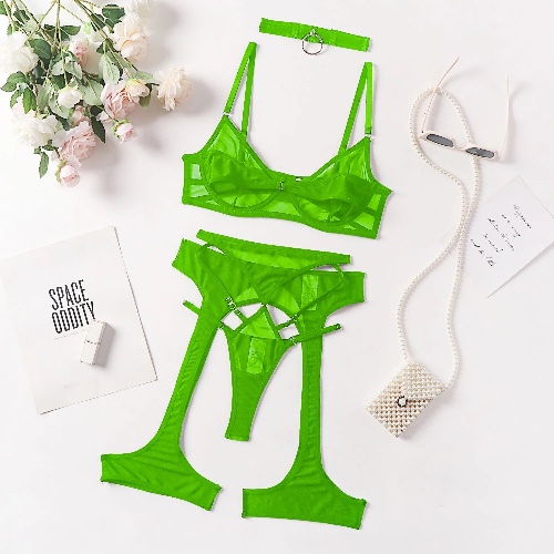 Sheer Lingerie Suspenders Intimate Set - Green / L