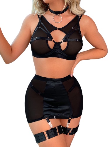 Kaei&Shi 6Pc Strappy Cutout, Sheer Stretchy High Waist Skirt Garter Set G-String - Black 6-8