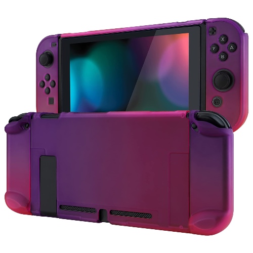 eXtremeRate PlayVital Back Cover for Nintendo Switch Console, Handheld Controller Protector Hard Shell for Joycon, Dockable Protective Case with Button Caps Sticker - Clear Atomic Purple Rose Red - Clear Atomic Purple Rose Red