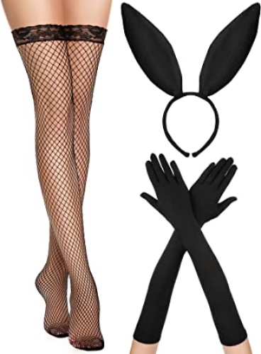 Bunny Costumes Set for Women Bunny Ears Headband Gloves Lace Stockings Long Bunny Hair Hoop for Valentine's Day Cosplay Accessories, Black