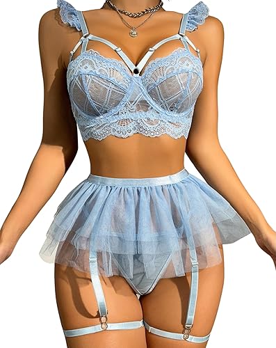 EVELIFE Women's Lingerie Sets Sexy Lace Gothic Underwear with Garter Belt 4 Piece Teddy Babydolls High Waisted Suspenders Lingerie NO Stockings - L - Light Blue