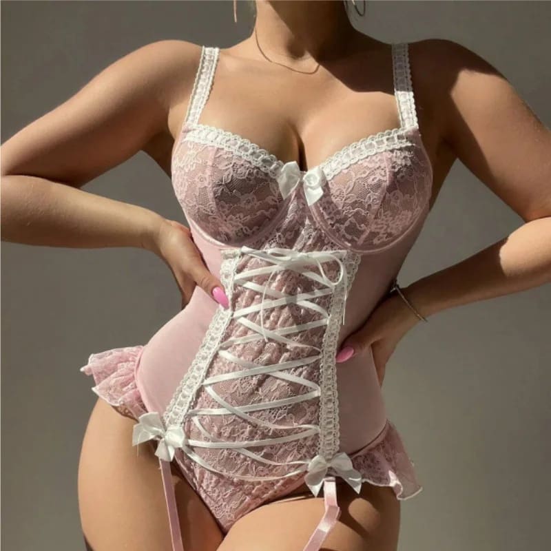 Satin & Lace Secret Lingerie Set - Pink / XL