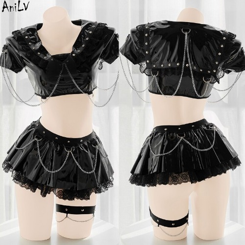 AniLV Anime Girl Group Black Leather Uniform Costume Dark Witch Academia Chain Lace Student Uniform Cosplay