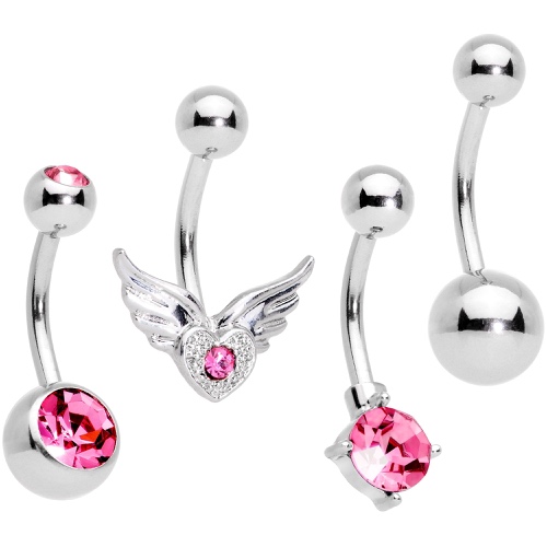 Pink Gem Valentines Day Winged Heart Belly Ring Set of 4 | Default Title