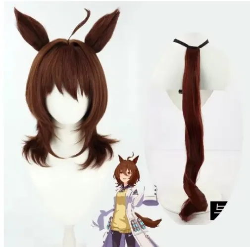 Anime Umamusume Pretty Derby Agnes Tachyon Cosplay Wig Brown Hair Ears and Tail Women Girls Halloween Party Roleplay Accessories