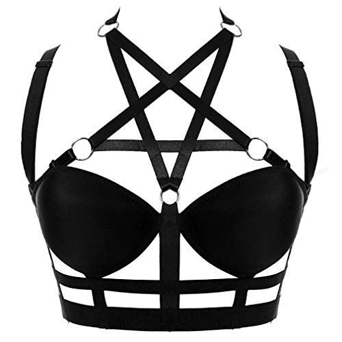 Woman's body harness bra Lingerie cage Punk Goth Plus size Festival rave Pentagram Chest strap belt - One Size - Black