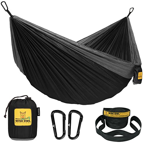 Wise Owl Outfitters Camping Hammock - Portable Hammock Single or Double Hammock Camping Accessories for Outdoor, Indoor w/Tree Straps - Black & Grey - Large