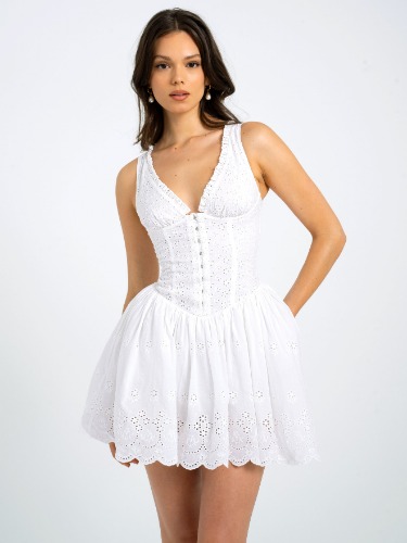 Aaliyah White Eyelet Plunging Halter Drop Waist Mini Dress | S / US 4-6