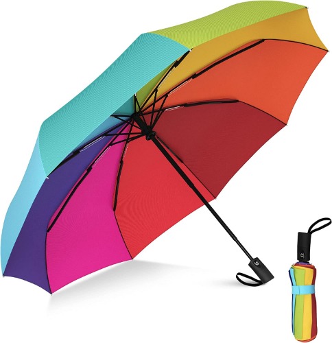 Rain-Mate Compact Travel Umbrella - Pocket Portable Folding Windproof Mini Umbrella - Auto Open and Close Button and 9 Rib Reinforced Canopy - Rainbow