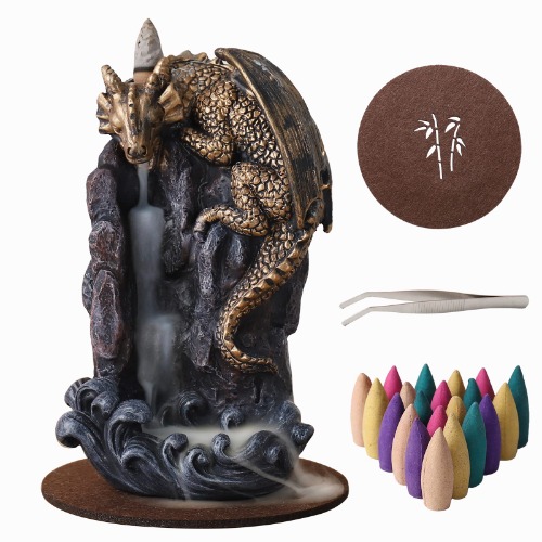 MAKOUYU Dragon Backflow Incense Holder Waterfall Incense Burner, with 100 Backflow Incense Cones,1 Mat,1 Tweezers，Dragon Statues，Aromatherapy Ornamental for Home Office Yoga （Silver Dragon） - Golden