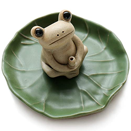NAGU 100% Handmade Ceramic Stick Incense Burner Holder,Small Frog Incense,Lotus Leaf Tray,Mini Cute Animal Statue Home Incense Burner