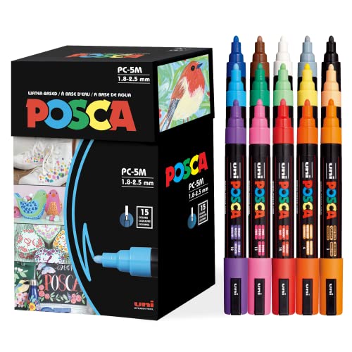 15 Posca Paint Markers, 5M Medium Posca Markers with Reversible Tips, Posca Marker Set of Acrylic Paint Pens | Posca Pens for Art Supplies, Fabric Paint, Fabric Markers, Paint Pen, Art Markers - Assorted - Assorted
