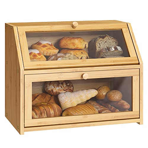 Bread Storage Farmhouse Bread Box For Kitchen Countertop Bread Container With Clear Window Breadbox Double Layer Bamboo Wooden Extra Large Capacity Bin Kitchen Food Storage Container(Trapezoid)Self-Assembly - Trapezoid Bread box