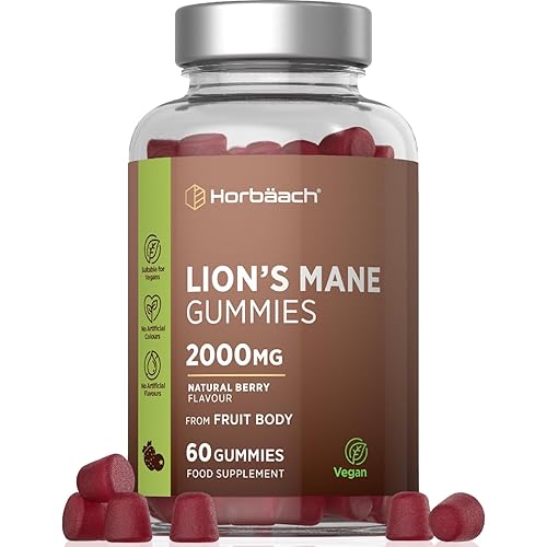 Lions Mane Gummies 2000mg | High Strength Lions Mane Supplement | Mushroom Extract | Natural Berry Flavour | 60 Vegan Gummies | by Horbaach