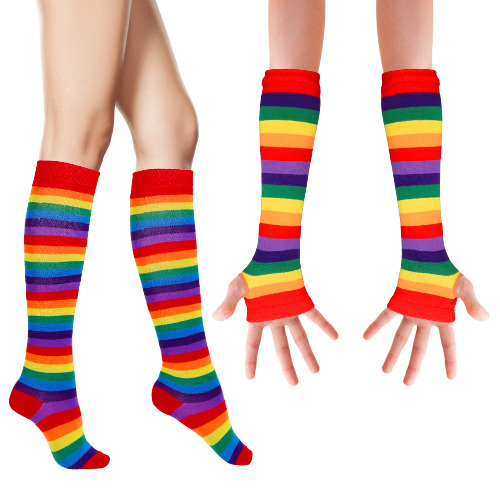 WLLHYF Regenboog Gestreepte Arm Been Sokken Set, Lange Gebreide Over Knie Dij Hoge Sokken Warmer Vingerloze Rekbare Handschoenen Cosplay Accessoires Halloween Kerstmis Nieuwjaar Kostuums voor Vrouwen Meisjes