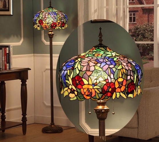 Tiffany Floor Lamp LARGE 45cm shade (16054) | Width:45cm | Depth:45cm | Height:165cm / Shade: Stained Glass | Base: Metal Alloy / 2 x 60W | Standard Screw E27 (Not Included)