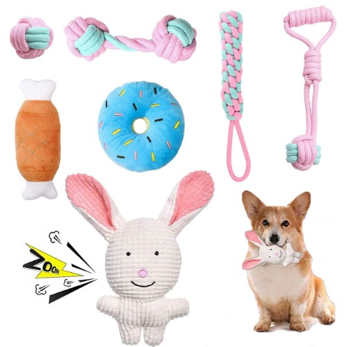 Puppy Toys for Small Dogs, 7 Pack Small Dog Teething Chew Toys, Durable Plush Squeaky Dog Toys, 100% Natural Cotton Rope Pet Toys, Non-Toxic and Safe (Bunny)