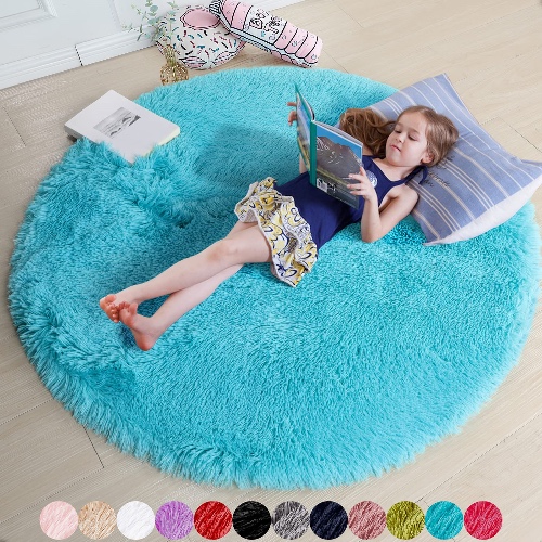 Blue Round Rug for Bedroom,Fluffy Circle Rug 4'X4' for Kids Room,Furry Carpet for Teen's Room,Shaggy Circular Rug for Nursery Room,Fuzzy Plush Rug for Dorm,Turquoise Carpet,Cute Room Decor for Baby