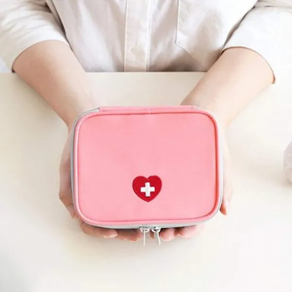Lingcat Portable Mini First Aid Pouch, Empty Travel Medicine Bag Double Zippers Handy Pills Pocket for Travel School Home, Pink