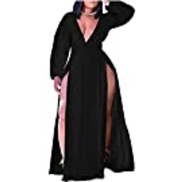 Ekaliy Women's Plus Size Sleeveless Deep V Neck Front Split Long Maxi Wrap Dress