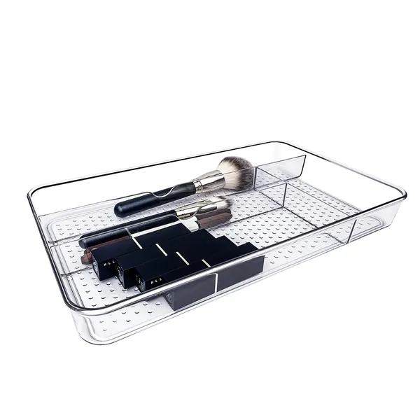 TECHMERI Clear Makeup Organizer Tray, Clear Plastic Drawer Organizer Tray, Makeup and Vanity Stackable Drawer Organizers 4-Section for Perfume, Brush, Skincare