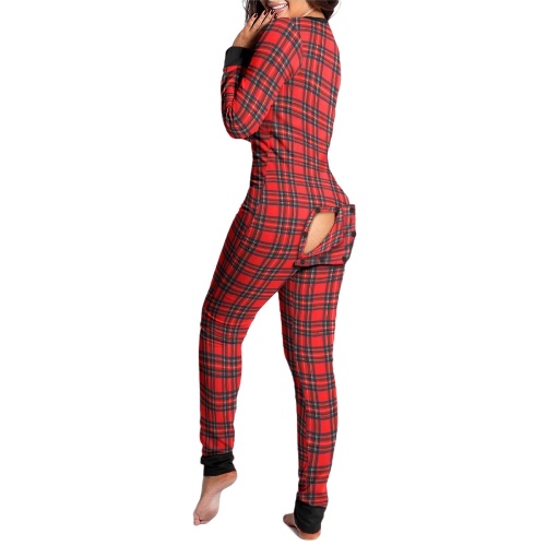 Mieeyali Women's Sexy Butt Button Back Flap Jumpsuit V Neck Long Sleeve Romper Bodycon Pajamas Onesies - A Plaid Red Medium