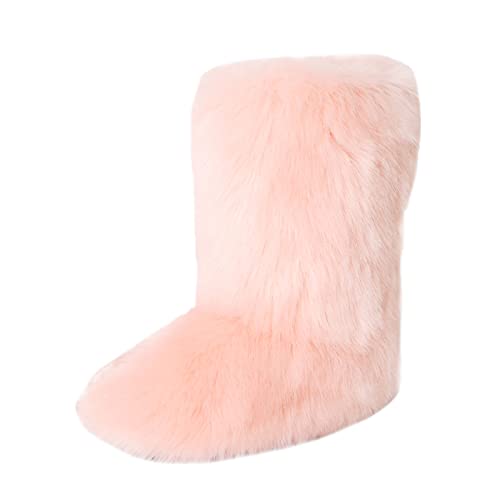 Gegefur Women's Faux fur Boot Furry Fluffy Short Snow Boot Mid-Calf Boots Warm Comfortable Outdoor Flat Shoes - 10 - Pink-2