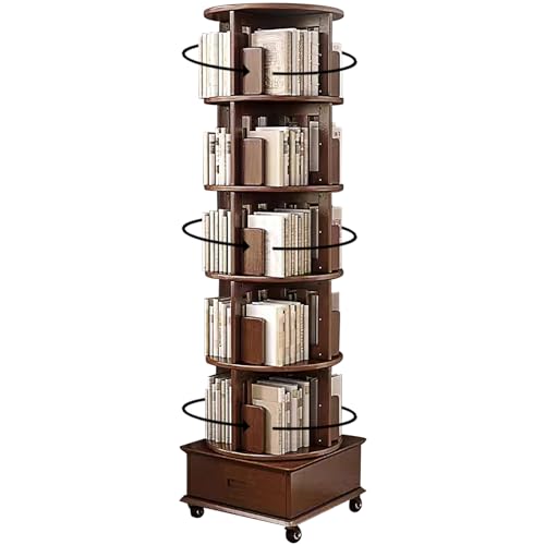 Solid Wood Rotating Book Shelf, 360° Display Bookcase with Drawer, 5-Tier Mobile Bookshelf with Wheels, 79" Tall Bookcase for Narrow Space, Spinning Bookshelf Tower for Home Office, Study Room, Walnut - Walnut