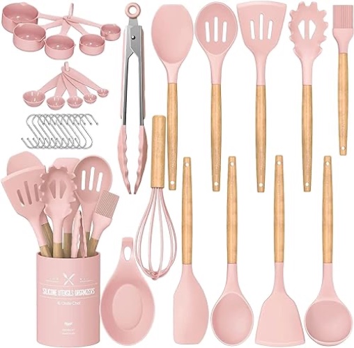 Kitchen Cooking Utensils Set, Umite Chef 33 pcs Non-stick Silicone Cooking Spatula Set with Holder, Wooden Handle Silicone Kitchen Gadgets Utensil Set (Pink) - Pink
