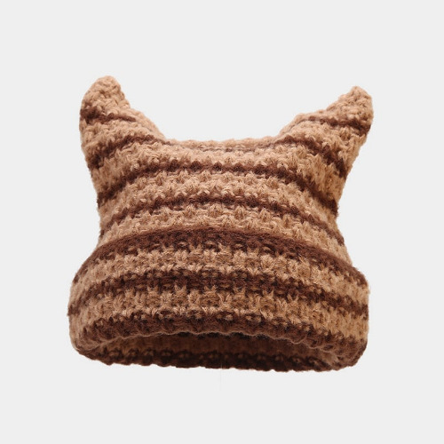 Cat Ears Streetwear Harajuku Beanie Little Devil Striped Knitted Hat - Brown striped / head 56-59cm