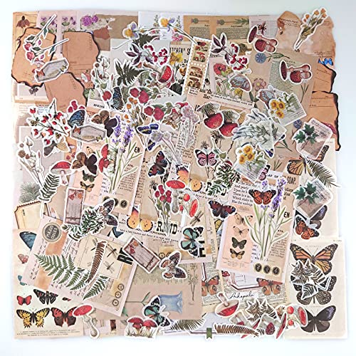 200 Pieces Vintage Scrapbooking Paper Washi Stickers Set, Vintage Flower Plant Stickers Craft Paper, Decorative Paper, Design Paper for Scrapbook, DIY Art Crafts, Diary Notebook - 200PC vegetation stickers
