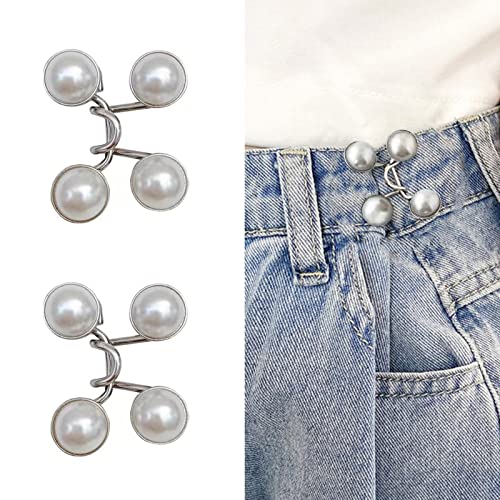 Qeuly 2 Sets Pant Waist Tightener Instant Jean Buttons for Loose Jeans Pants Clips for Waist Detachable Jean Buttons Pins No Sewing Waistband Tightener (White Pearl) - White Pearl