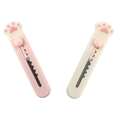 Kawaii Box Cutter Cute Box Cutter (2 pcs) Cat Paw Box Cutter Cute Letter Openers Cat Box Cutter Kawaii Knife Mini Cute Pocket Knife Cute Knife for Cat Lovers (White Pink, White) - Cat Paw (White, White Pink)