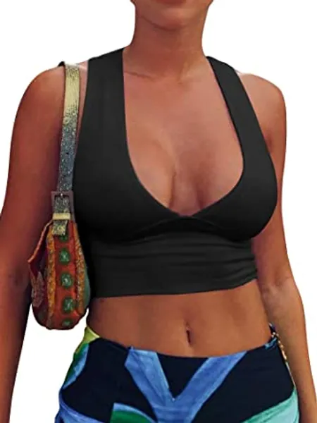 AEPEBO Sexy Crop Tops for Women Deep V Neck Back Cutout Sleeveless Plunge Racerback Tank Cropped Top - Black Medium