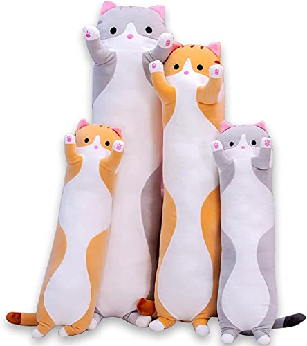 Oeonuas Cute Cat Plush Long Body Pillow Cuddle Cartoon Stuffed Animals Cat Plushie Soft Doll Pillows Gifts for Kids Girls(Gray, 27") - Gray-27 Inch
