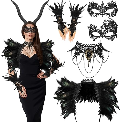 Newcotte 6 Pcs Halloween Black Feather Shrug Cape Black Feather Lace Long Gloves Masquerade Ball Mask Lace Gothic Statement Necklace Horn Headband Set for Halloween Costume