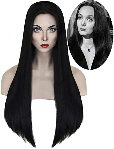 shecool Wigs for Morticia Addams Costumes Cosplay Wig 27'' Long Black Straight Hair Wig for Women, Middle Part Cute Natural Looking Wig, Cheap Synthetic Wigs for Daily Party Halloween SL004BK - Black wig