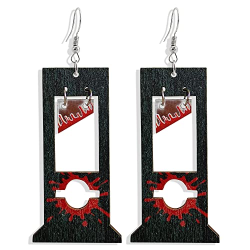 Unique Handmade Creative Guillotine Bloodstained Wooden Dangle Drop Earrings Horror Knife Nature Wood Halloween Hook Earrings for Women Girls Statement Jewelry Gifts - Black