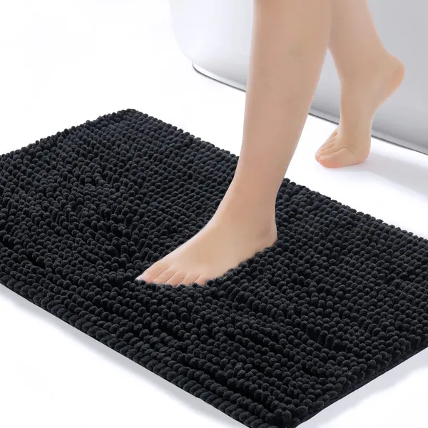 FRESHMINT Chenille Bathroom Rugs Non-Slip Bath Mat 32”x20”, Washable Soft Shower Mat, for Bathroom Floor & Tub Fluffy Shag Bath Rugs, Durable Thick Water Absorbent Microfiber Shower Rugs, Black