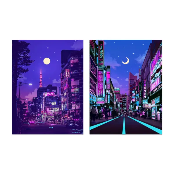 DALIHEBO Japanese Wall Art Modern Urban Neon Wall Art Canvas Poster, Living Room Bedroom Wall Decor, Frameless 12x16 Inch, Set of 2
