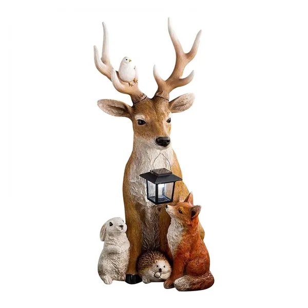 Solar Garden Deer Statues, Rabbit Hedgehog Fox Snuggling Figurine, Solar Powered Resin Animal Sculpture Outdoor Lights for Patio Lawn,Yard ATR Garden Sculpture Decorations,7.87" H
