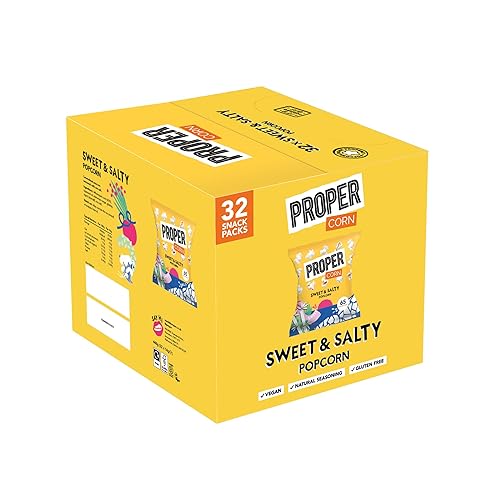 PROPERCORN Sweet & Salty Popcorn, Natural Sea Salt and Demerara Sugar Seasoning, Vegetarian, Gluten-Free, Hand-Popped Corn, 65 kcal, 14g, Box of 32