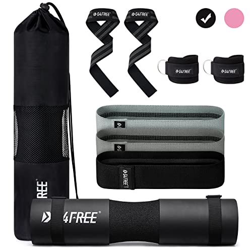 G4Free 9Pcs Barbell Pad Set for Squat, Hip Thrusts, Lunges, Leg day, Standard Olympic Bars with 2 Gym Ankle Safety Straps, 3 Hip Resistance Bands, 2 Lifting Strap, Barbell Pad, and Carry Bag - Black