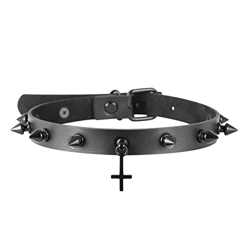 HEXALOVA Black Choker Necklace Goth Choker Pu Leather Choker Necklace for Women Punk Emo Jewelry for Women Gothic Choker Collar Adjustable - Spiked Inverted Cross