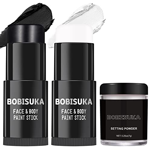 BOBISUKA Black White Face Paint Stick with Setting Powder Set, Eye Black Sticks for Sports, Body Paints for Clown Skeleton Vampire Skull Cosplay Special Effects Costume SFX Halloween Makeup Kit - Black, White
