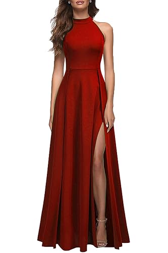 MUSHARE Women's Halter Neck Sexy Split Cocktail Party Maxi Long Formal Dress - XX-Large - Red