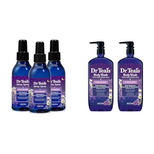 Dr Teal's Sleep Spray with Melatonin & Essential Oil Blend, 6 fl oz (Pack of 3) & Sleep Blend Body Wash with Pure Epsom Salt, Melatonin & Essential Oil Blend, 24 fl oz (Pack of 2) - Spray + Body Wash, 24 oz, 2 Count
