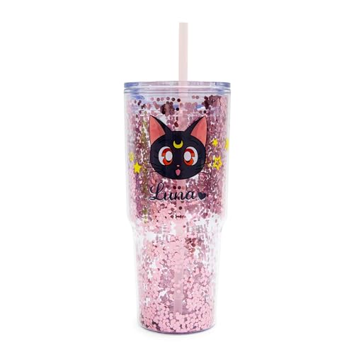 Sailor Moon Luna and Artemis Glitter Travel Tumbler With Spill-Resistant Lid and Reusable Straw | Double-Walled Cold Cup For Drinks | Holds 31 Ounces